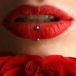 Aesthetic close-up featuring red lipstick, lip piercing, and a red rose.